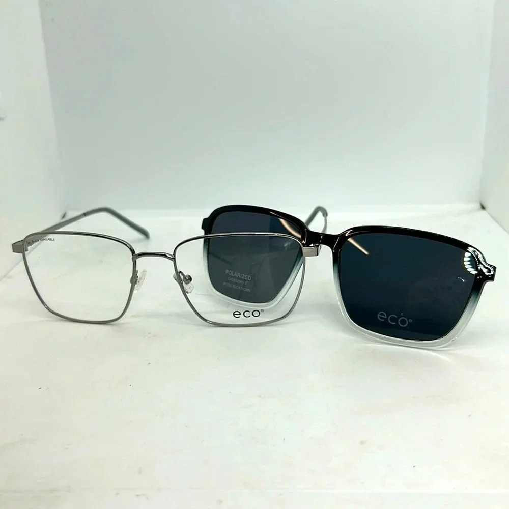 ECO Men’s Buckhorn Silver Eyeglasses Frames & Polarized Sun Clip On. RXable. NWT
